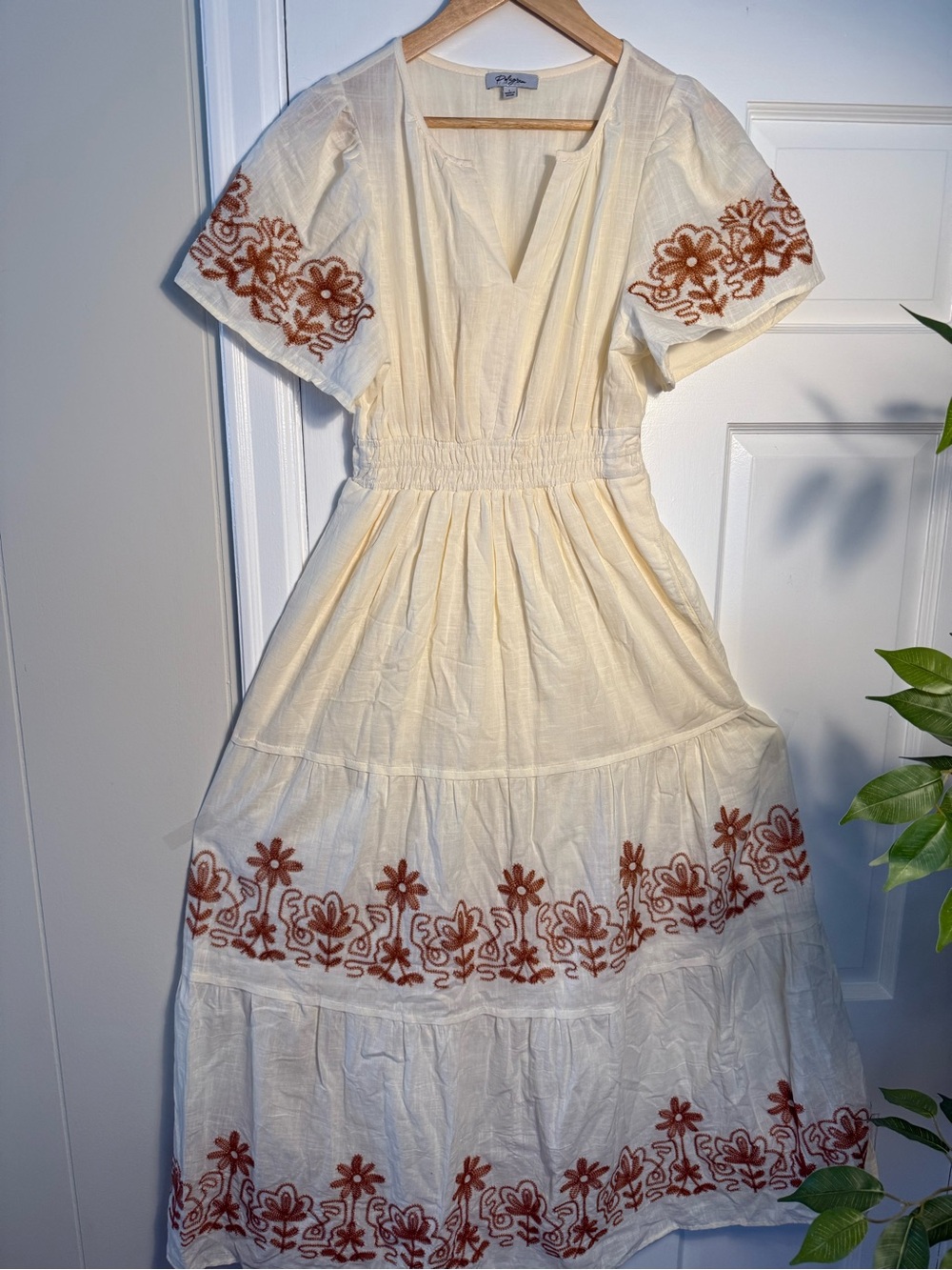 Boho Cream “Polagram” Tiered Maxi Dress with Rust Embroidery